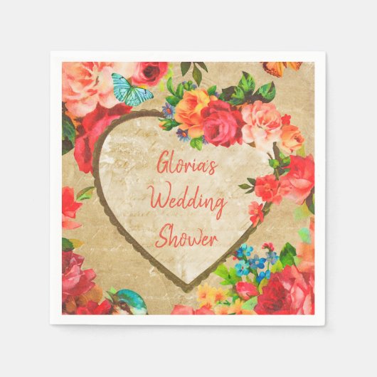 Serviette En Papier Cadre à coeur floral aquarelle rétro (Devant)