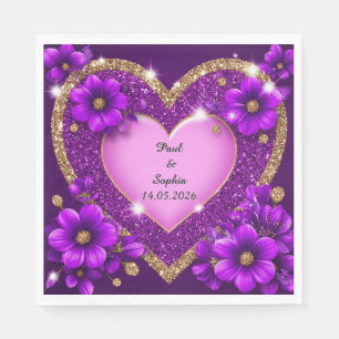 Serviette En Papier Cadre Cœur Violet avec Paillettes et Fleurs