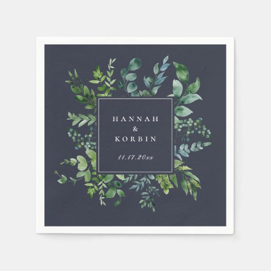 Serviette En Papier Cadre de feuillage forestier bleu marine (Devant)