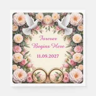Serviette En Papier Cadre de mariage floral rose colombes blanches ann