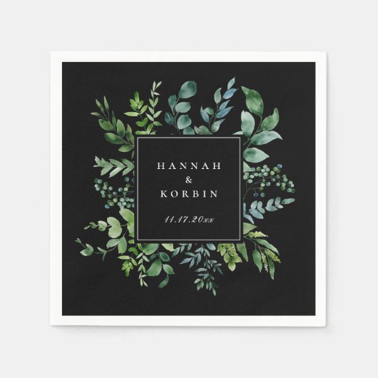Serviette En Papier Cadre de verdure botanique Mariage noir (Devant)