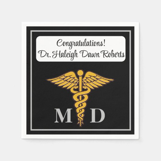 Serviette En Papier Caduceus Black & Silver Médicale School Graduation (Devant)