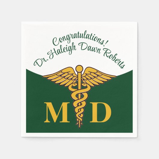 Serviette En Papier Caduceus Green & White Médicale School Graduation (Devant)