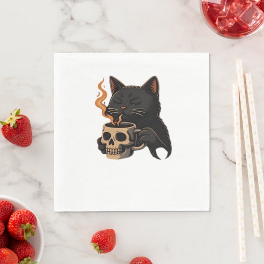Serviette En Papier Café En Chat Foncé Avec Mug Crâne Surdimensionné T (En situation)