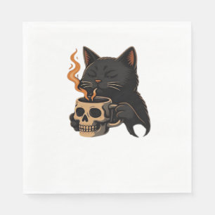 Serviette En Papier Café En Chat Foncé Avec Mug Crâne Surdimensionné T
