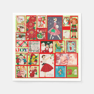 Serviette En Papier Calendrier de l'Avent Rouge et Vert Vintage Noël