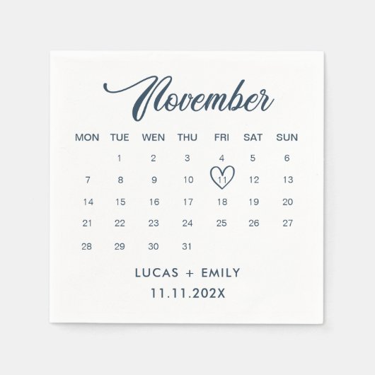 Serviette En Papier Calendrier de novembre Mariage bleu foncé (Devant)