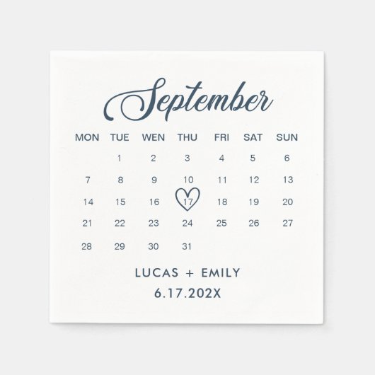 Serviette En Papier Calendrier de septembre Mariage bleu foncé (Devant)