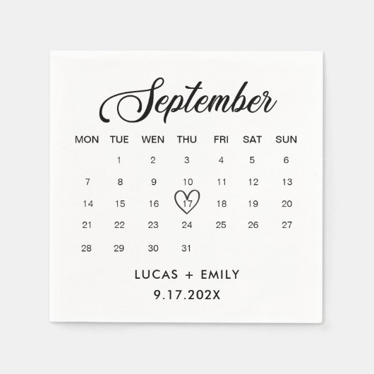Serviette En Papier Calendrier de septembre Mariage noir foncé (Devant)