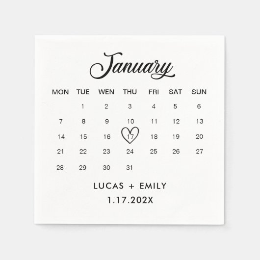 Serviette En Papier Calendrier Janvier Mariage noir foncé (Devant)