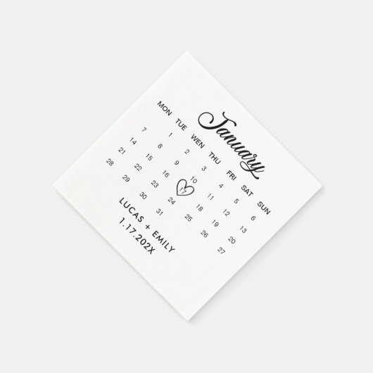 Serviette En Papier Calendrier Janvier Mariage noir foncé (Coin)