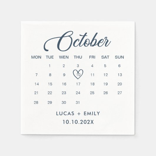 Serviette En Papier Calendrier octobre Mariage bleu foncé (Devant)