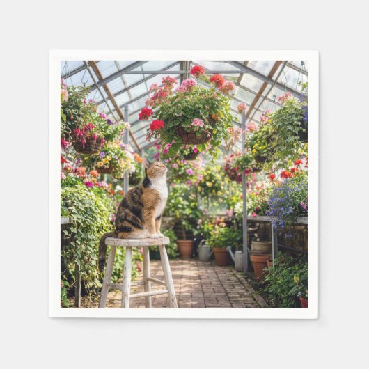 Serviette En Papier Calico Cat on a Stool in a Greenhouse (Devant)