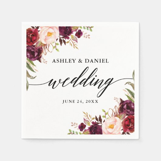 Serviette En Papier Calligraphie Aquarelle Bourgogne Floral Mariage (Devant)