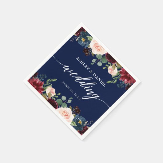 Serviette En Papier Calligraphie Bourgogne Floral Mariage Bleu (Coin)