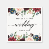 Serviette En Papier Calligraphie Burgundy Blue Floral Mariage (Devant)