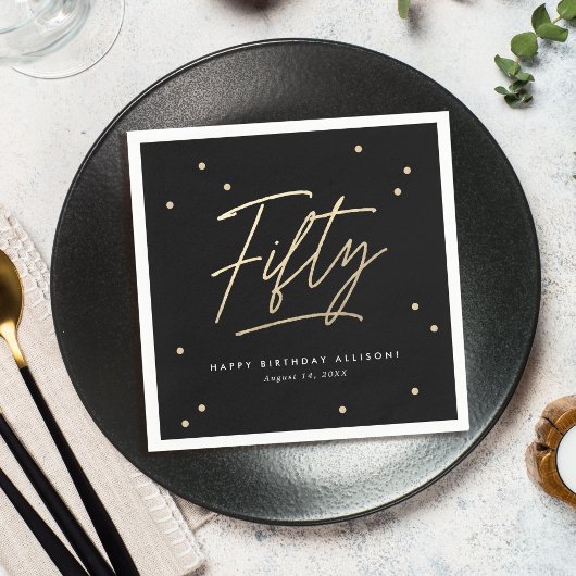 Serviette En Papier Calligraphie d'or noir moderne 50e anniversaire