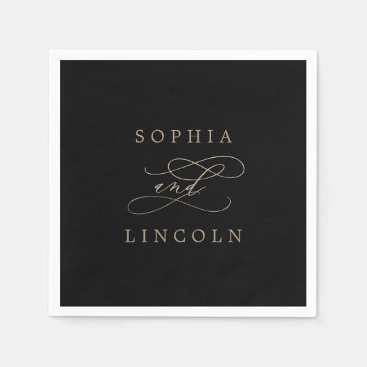 Serviette En Papier Calligraphie d'or romantique | Mariage noir (Devant)