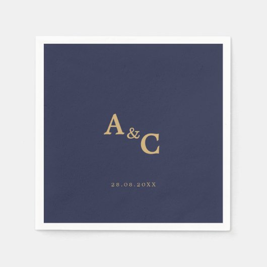 Serviette En Papier Calligraphie d'or romantique Marine Mariage bleu (Devant)