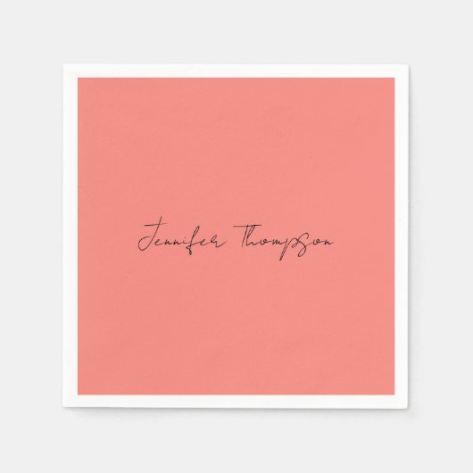 Serviette En Papier Calligraphie Elégant Coral rose Plaine Nom simple (Devant)