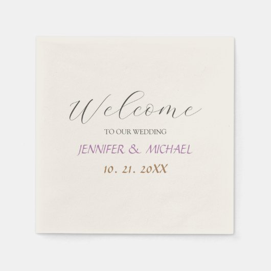 Serviette En Papier Calligraphie Elegant Ecru Couleur Bienvenue Mariag (Devant)