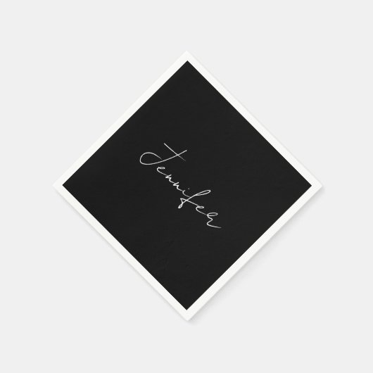 Serviette En Papier Calligraphie Elégant Noir Blanc Plaine Nom simple (Coin)