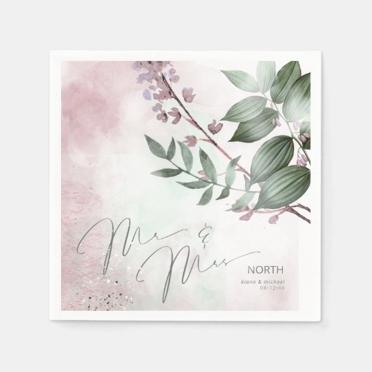 Serviette En Papier Calligraphie Floral M. et Mme Mauve ID771 (Devant)
