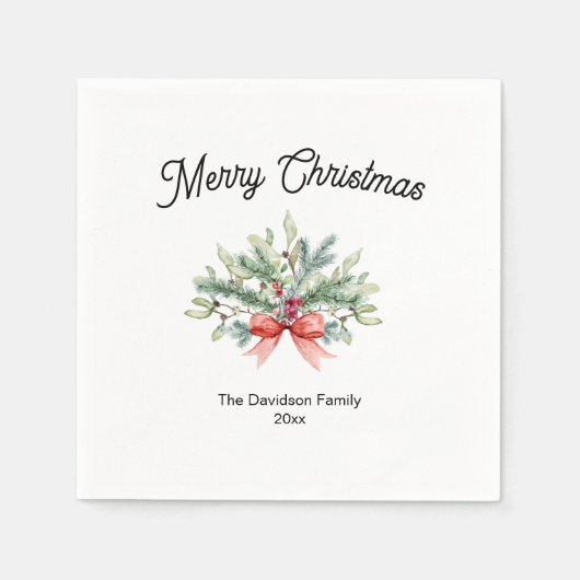 Serviette En Papier Calligraphie Joyeux Noël Famille Verdure (Devant)