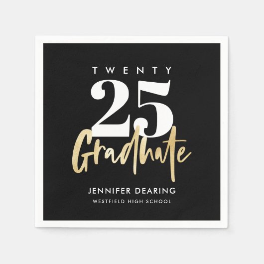 Serviette En Papier Calligraphie Or moderne Photo Graduation Noire (Devant)