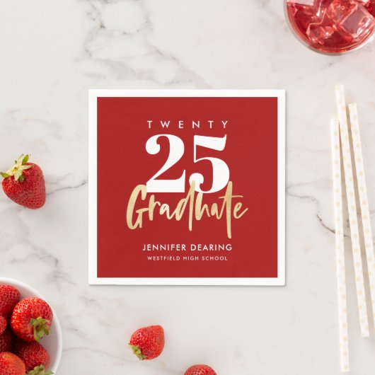 Serviette En Papier Calligraphie Or moderne Photo Graduation Rouge (En situation)
