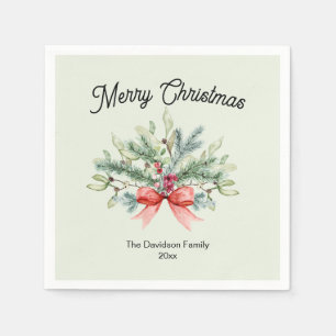 Serviette En Papier Calligraphie Rétro Joyeux Noël Famille Verdure