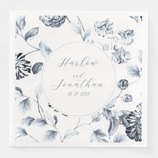 Serviette En Papier Calligraphie romantique Mariage floral argent et b (Devant)