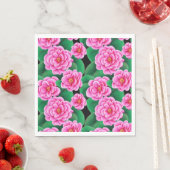 Serviette En Papier Camellias rose Fuchsia et Feuilles verts Jade (En situation)