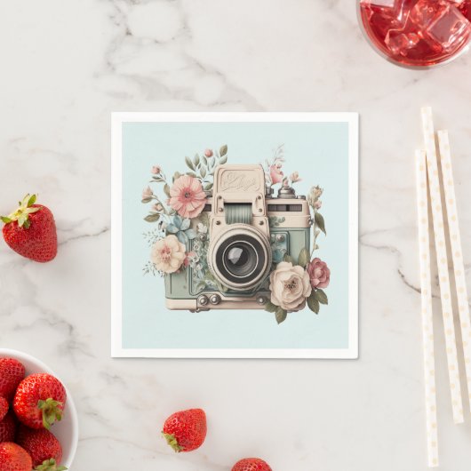 Serviette En Papier Camera with Flowers Retro Pastel (En situation)