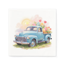 Camion Bleu Vintage avec Œufs de Pâques & Tulipes