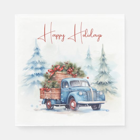 Serviette En Papier Camion de Noël bleu rétro (Devant)