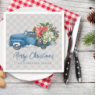 Serviette En Papier Camion de Noël bleu vintage à carreaux de ferme gr