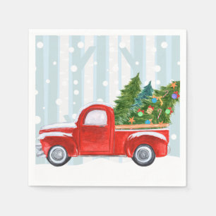 Serviette En Papier Camion de ramassage rouge de Noël sur une route ne