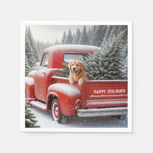 Serviette En Papier Camion Rouge de Noël avec Golden Retriever (Devant)