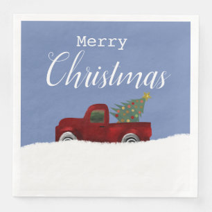 Serviette En Papier Camion rouge vintage rétro avec arbre de noël