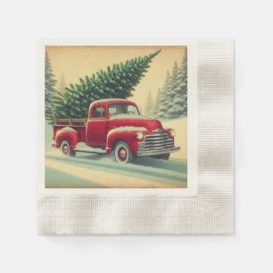 Serviette En Papier Camionnette rouge vintage avec arbre de Noël