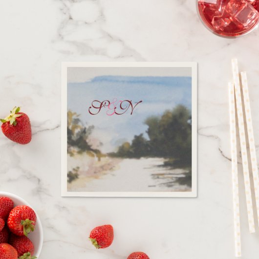 SERVIETTE EN PAPIER CAMPAGNE ENSOLEILLÉE DANS LE MONOGRAMME TOSCANE (En situation)