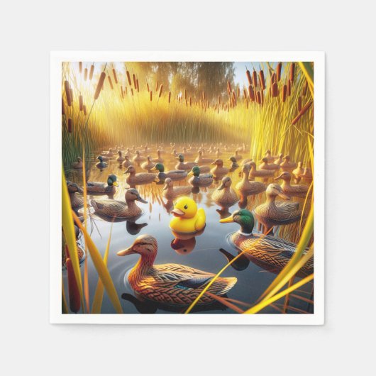 Serviette En Papier Canard En Caoutchouc Jaune Avec Decoyers De Chasse (Devant)