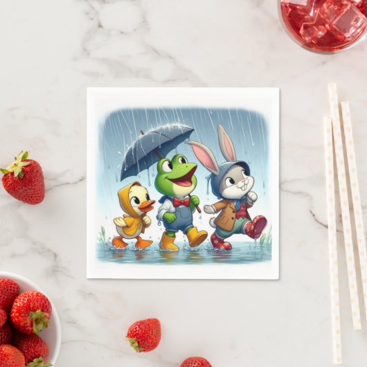 Serviette En Papier Canard mignon, grenouille, lapin sous la pluie (En situation)