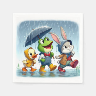 Serviette En Papier Canard mignon, grenouille, lapin sous la pluie