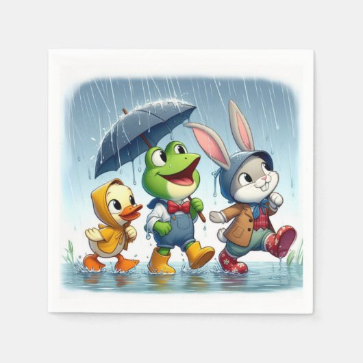 Serviette En Papier Canard mignon, grenouille, lapin sous la pluie (Devant)