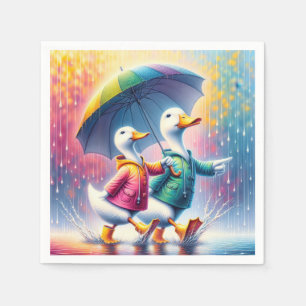 Serviette En Papier Canards Blancs Marchant Dans La Pluie