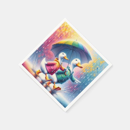 Serviette En Papier Canards Blancs Marchant Dans La Pluie (Coin)