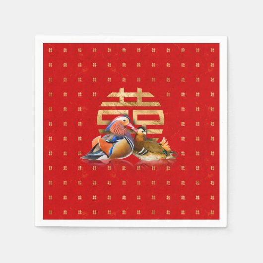 Serviette En Papier Canards mandarins et bonheur double sur rouge (Devant)