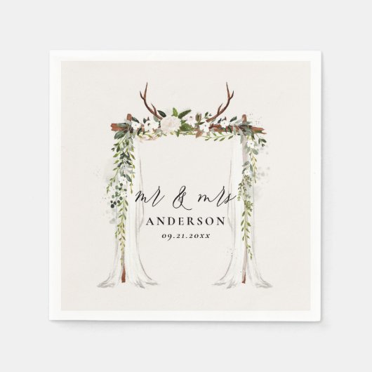 Serviette En Papier Canopy mariage botanique rustique m et mrs script (Devant)